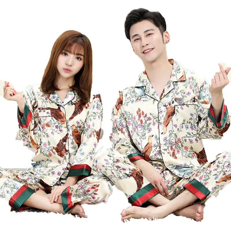 Lovers Printed Stain Pajama Sets Silk-like Long Sleeve Top and Pants Elegant Loungewear Women and Men Nightwear Unisex Homewear