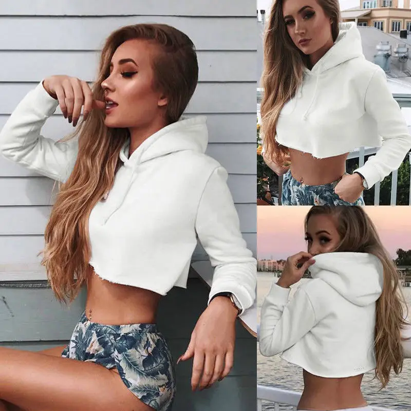 New Fashion Sexy Women White Hoodie Sweatshirt Crop Top Long Sleeve Pullover Hooded Short Clothing Women's Clothing Hoodies
