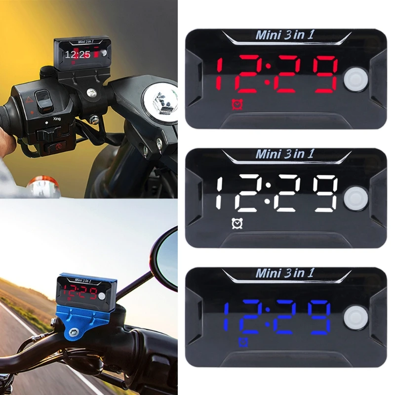 

Universal 3-In-1 Motorcycle Electronic Clock Thermometer Voltmeter Dust-proof LED Watch Digital Display DC 8V-72V