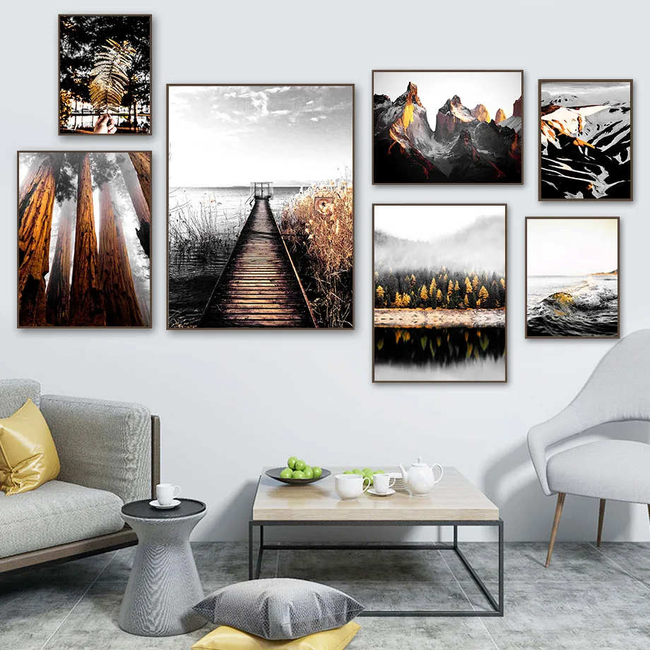

Mountain Lake Bridge Tree Trunk Reed Wave Wall Art Canvas Painting Nordic Posters And Prints Wall Pictures For Living Room Decor