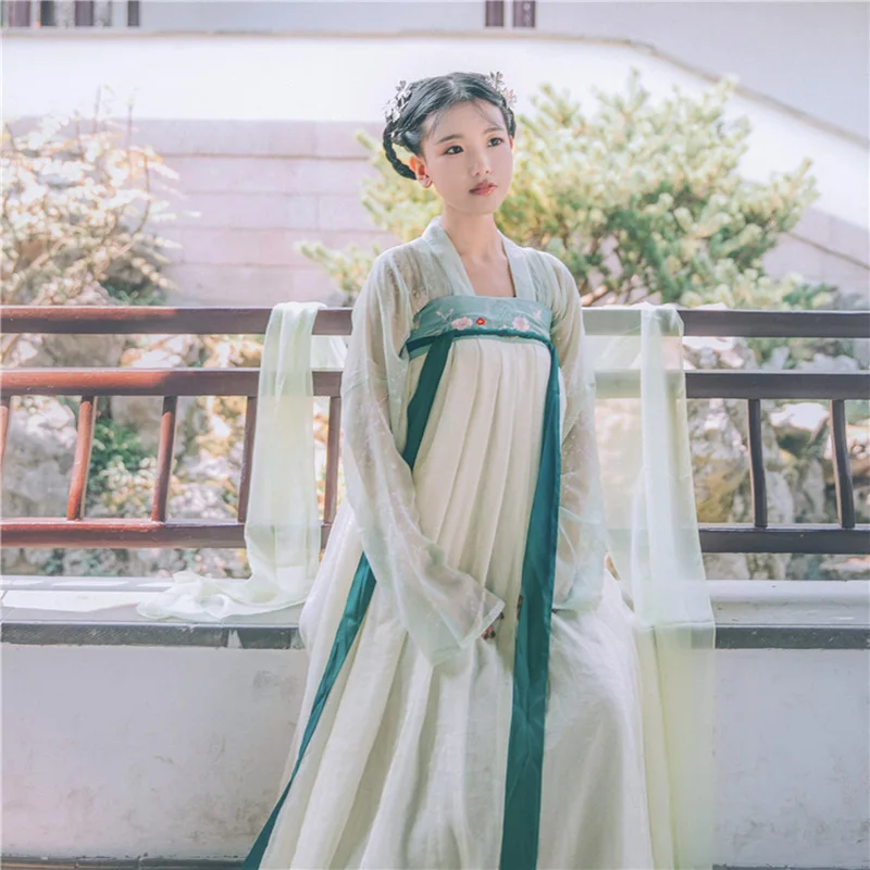 

Зеленый китайский традиционный ханьфу, 2020, Женский Топ, Династия Тан, улучшенный элемент ханьфу, юбка, винтажный костюм, белая одежда в налич...