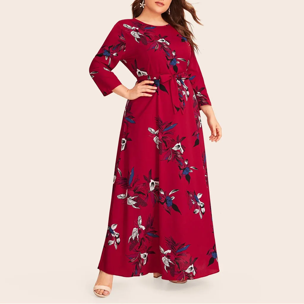MISSOMO Plus Size 5XL dress Women maxi dress Casual Floral Print O-Neck Long Sleeve Bandage long Dress with belt vestidos 813