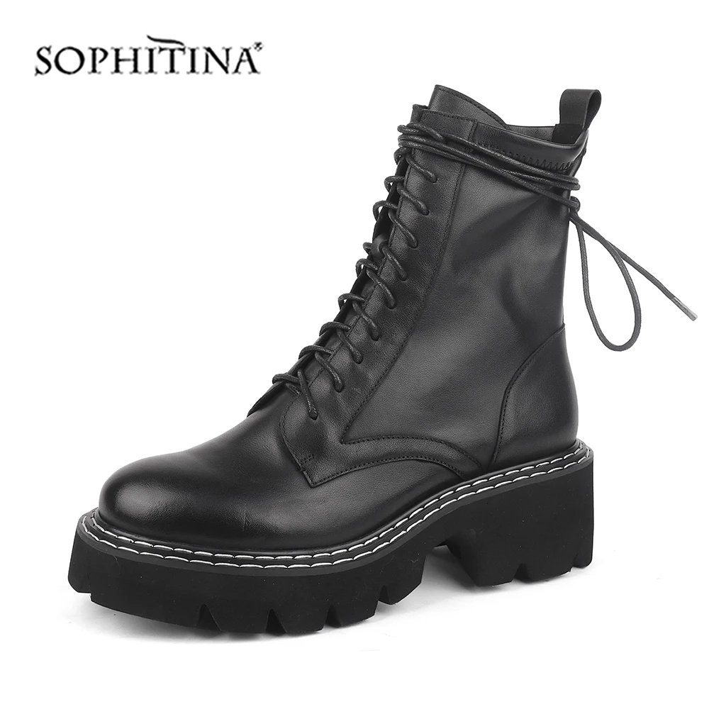 SOPHITINA/Ботинки женские martin. Модные ботинки высокого качества из натуральной кожи и стрейчевой ткани со шнуровкой. Теплая обувь в стиле локомотива. Ботильоны на легкой толстой подошве и квадратном каблуке. SC472