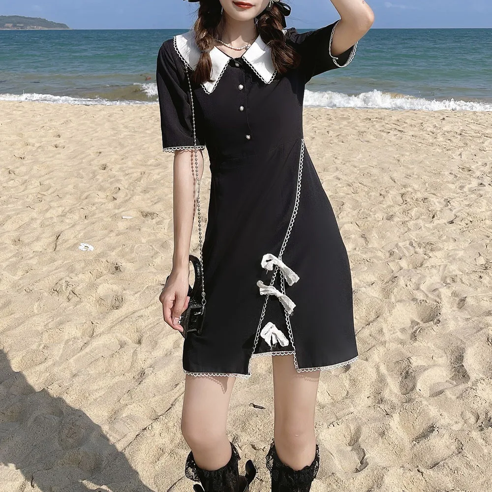 

Dress 2021 Summer New High Street Fashion Women's Slim Solid Color High Waist Doll Collar Split Fork Bow Summer Casual