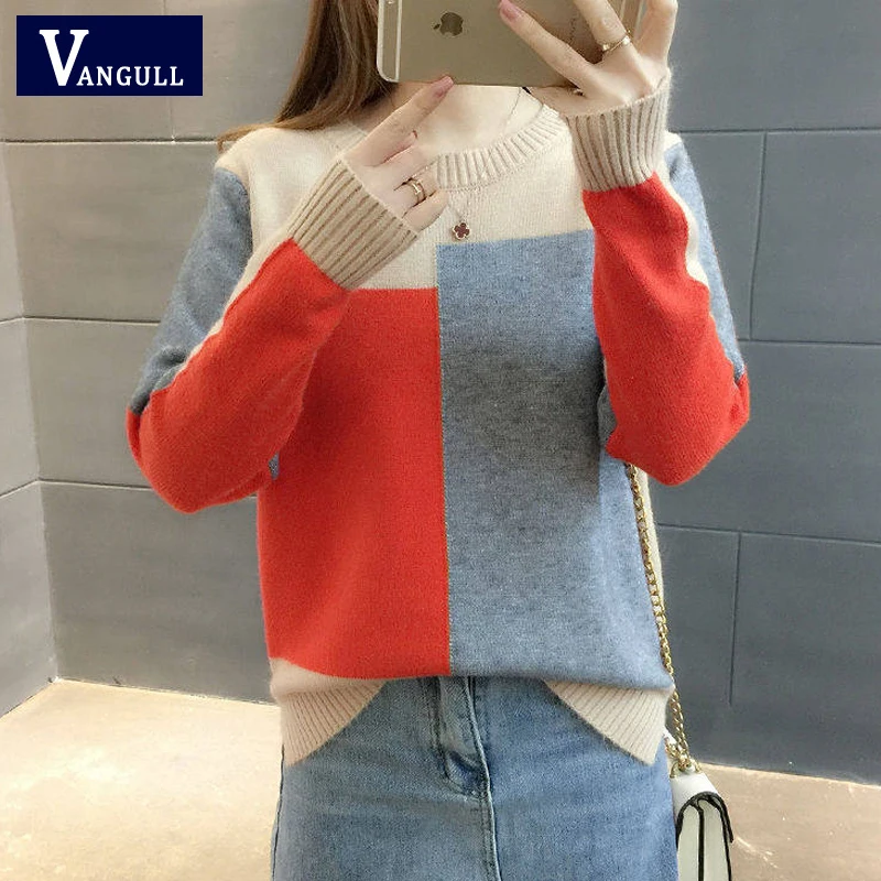 Vangull контрастный цвет женский свитер осень зима Повседневный длинный рукав пуловеры женский теплый круглый вырез Мягкий Вязаный джемпер свитер