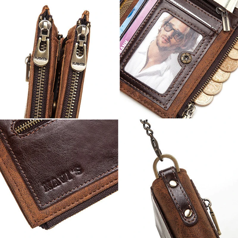 

Men's Wallet Double Zipper Genuine Leather RFID Blocking Vintage Chain Wallets Multi Function Male Coin Purse Card Holder Retro
