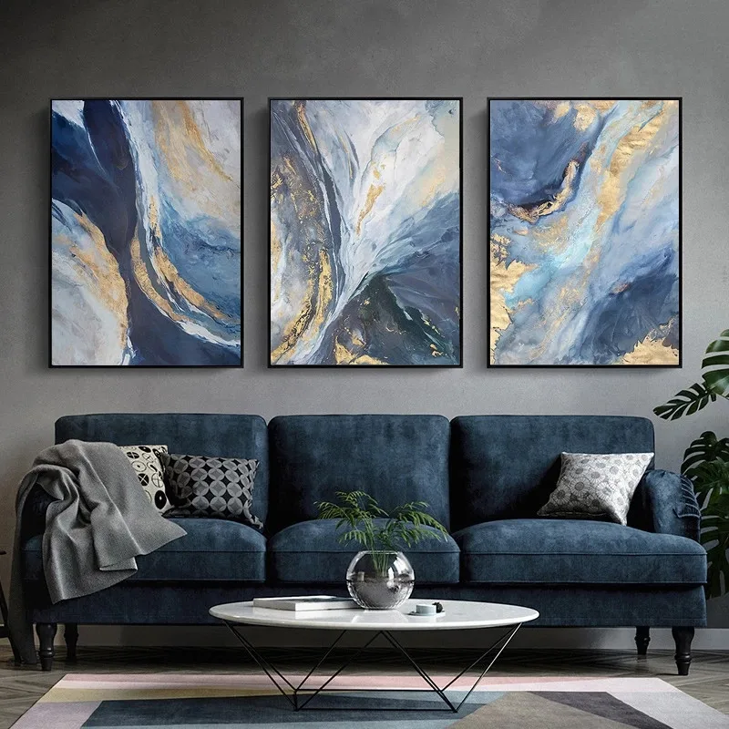 

Modern Marbled Canvas Painting Blue Yellow Minimalist Poster Art Print Picture Wallpaper Living Room Decoration Without Frame