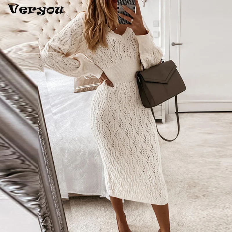 

2021 Beige Sweater Dress Woman New Autumn Elastic Long Sleeve V Neck Elegant Hollow Midi Party Dresses Knitted Fashion New