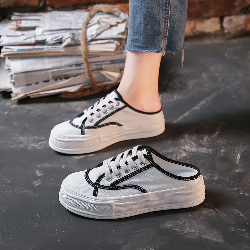 Han edition half dragged canvas shoes female ins tide fall 2021 new breathable han edition platform casual shoes 8575 childre