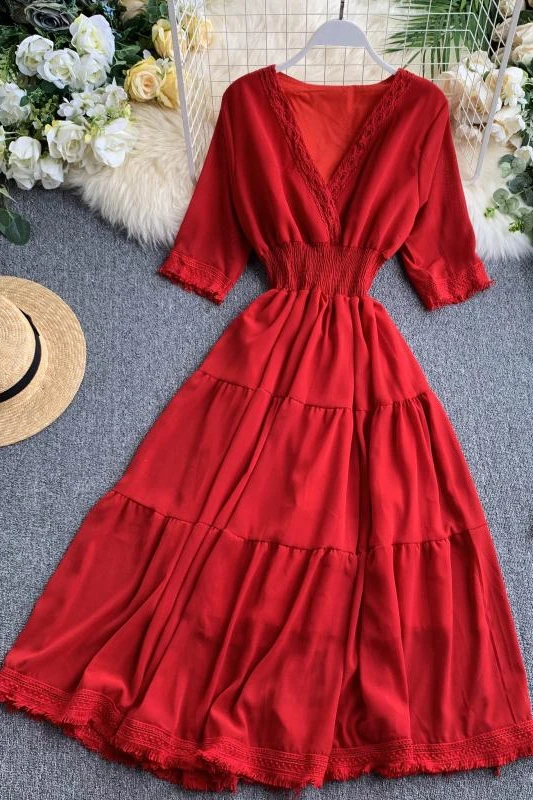 

2020 new fashion women's Seaside holiday tassel temperament V-neck short-sleeved waist slimming chiffon dress