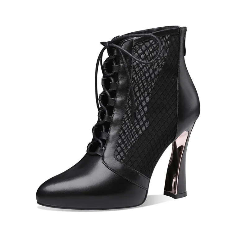 

Net boots women's high heels 2021 spring summer gauze net short boots hollow cool boots thick heel lace up back zipper