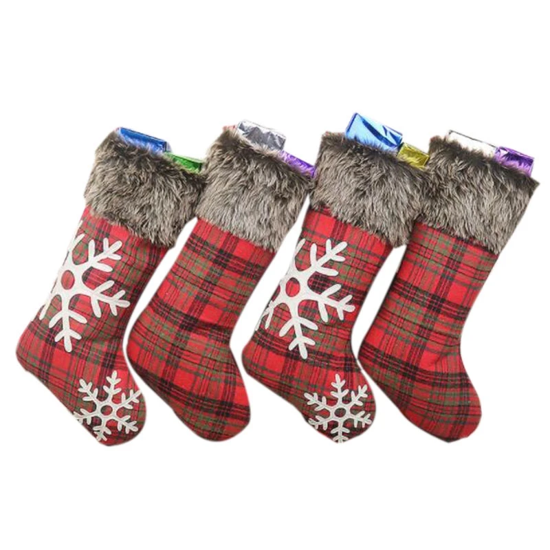 

Christmas Stockings 4 Pcs 18 Inches Burlap with Large Plaid Snowflake Stockings for Family Holiday Xmas Party Decorations