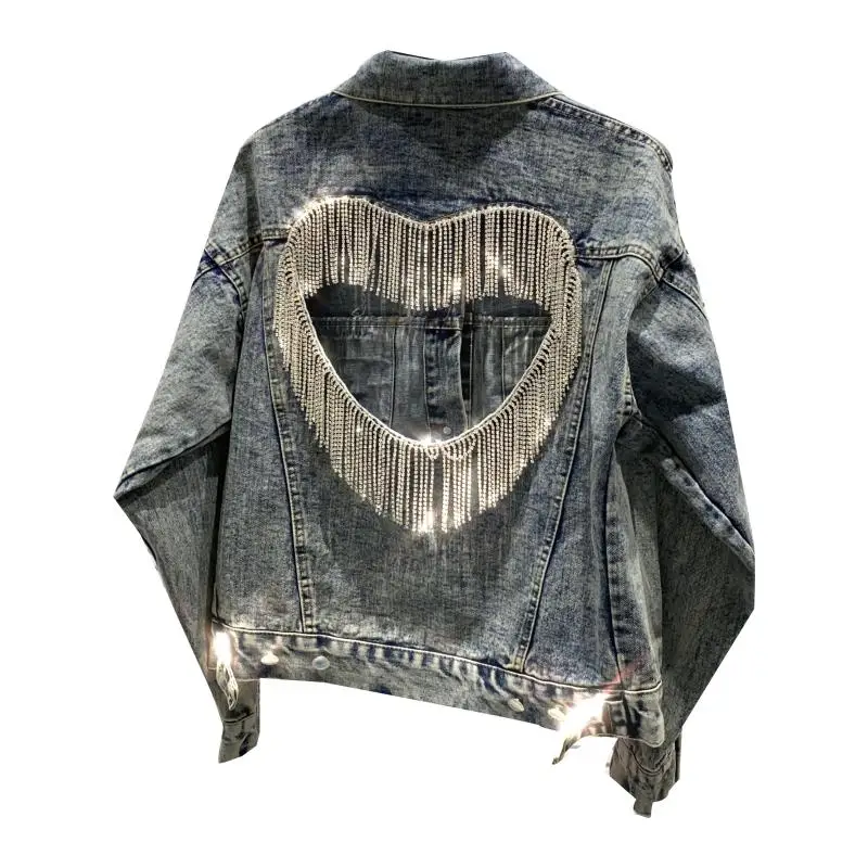

2021 Spring New Slim Streetwear Top Blue Denim Short Jacket Women Back Love Heart Hollow Rhinestone Tassel Washed Loose Coat