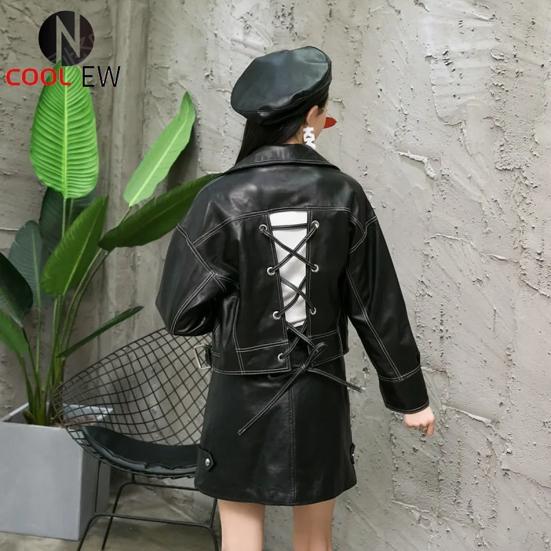 

Women Lace Up Genuine Sheep Leather Jacket Female Real Sheepskin Leather Coat Outwear Short Sexy Ladies Leather Clothes Punk New