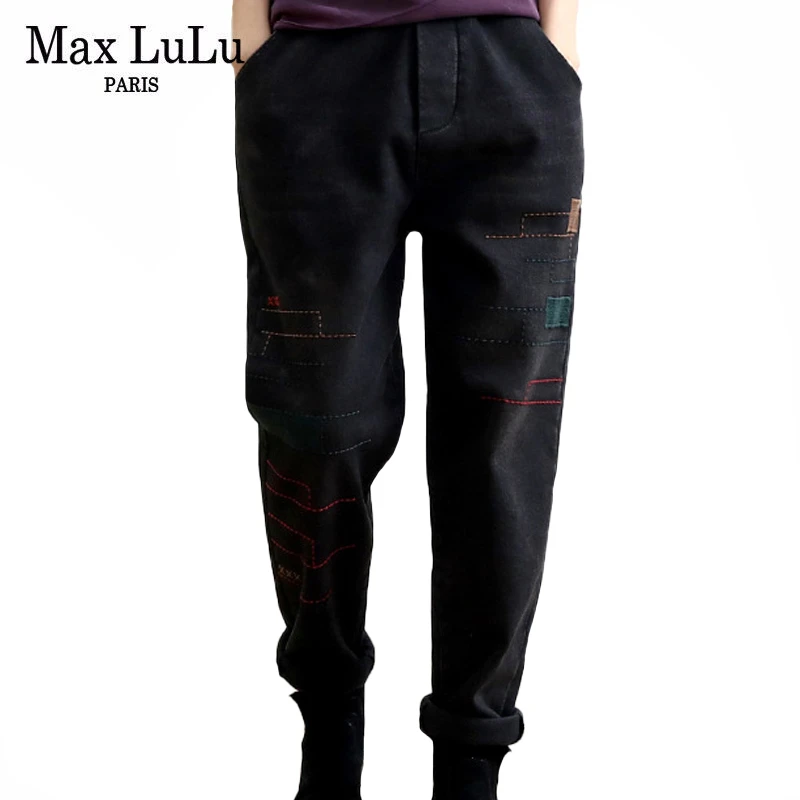 

Женские клетчатые брюки Max LuLu, Дизайнерские теплые шаровары в Корейском стиле, свободные Винтажные эластичные джинсовые брюки джинсы с мехо...