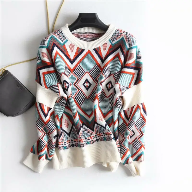 TMODA297 2021 этнический контрастный цвет геометрический вязаный свитер винтажный