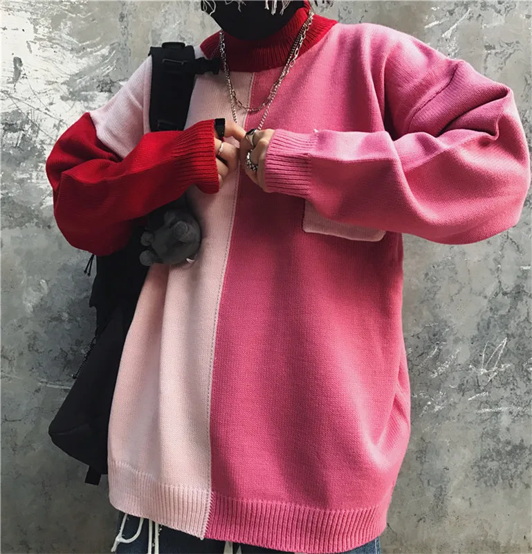 Winter Turtleneck Sweater Men's Warm Fashion Contrast Casual Knit Pullover Men Streetwear Hip Hop Knitting Sweaters Male Clothes