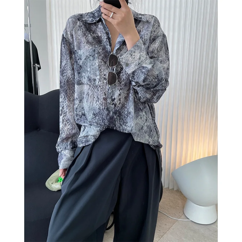 

Summer New Europe And America Fashionable Lazy Retro Printed Lapel Shirt Drape Shape Loose Thin Sunscreen Top
