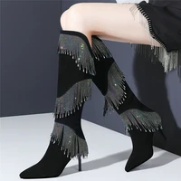 rhinestones fringe thigh high pumps shoes women black genuine leather knee high boots female pointed toe high heel wedding shoes