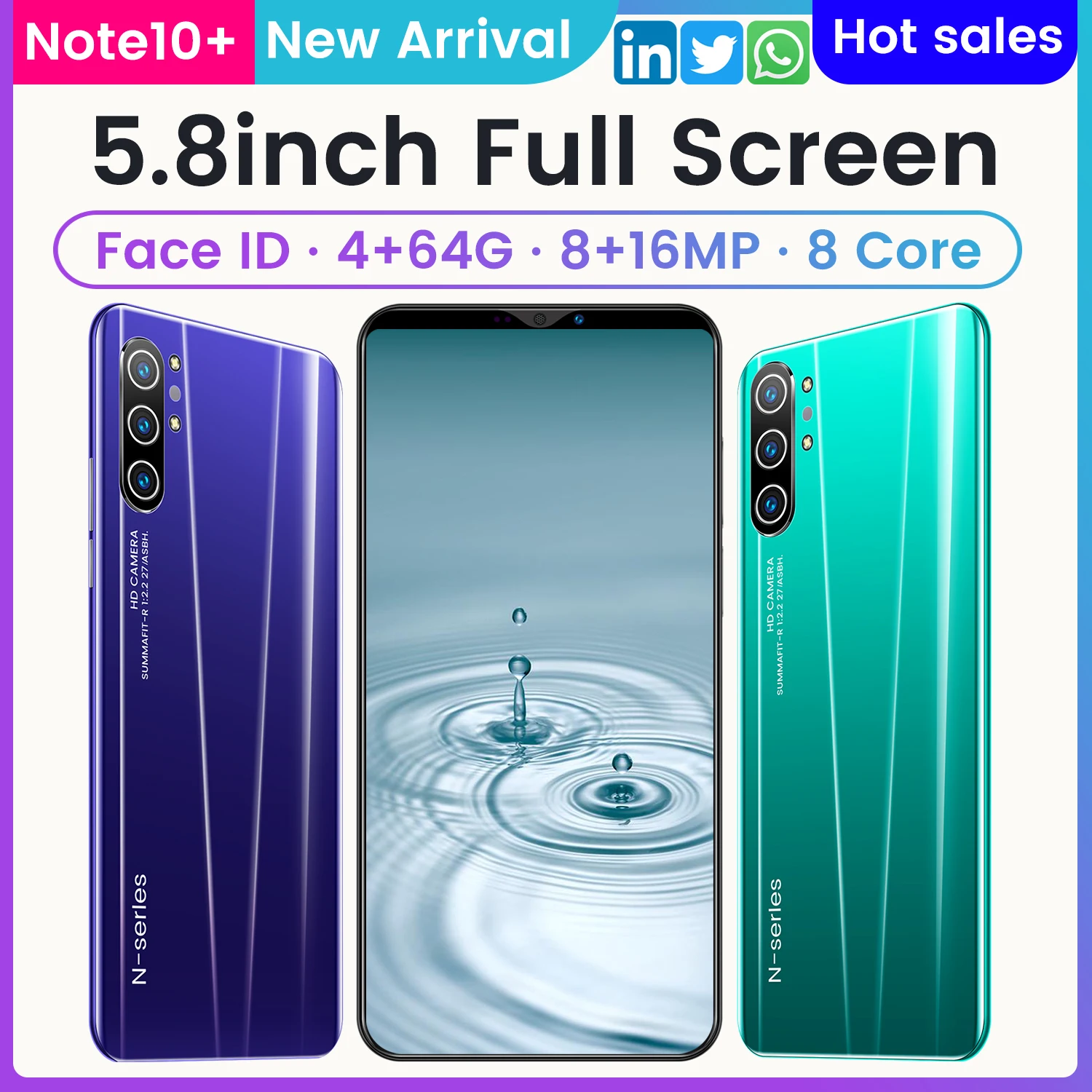 

Note10+ 5.8 Inch Mobilephone Global Version 8 Core 4800mAh 4GB+64GB 8+16MP Dual SIM Fingerprint Unlock LTE 2021 Smart Phone