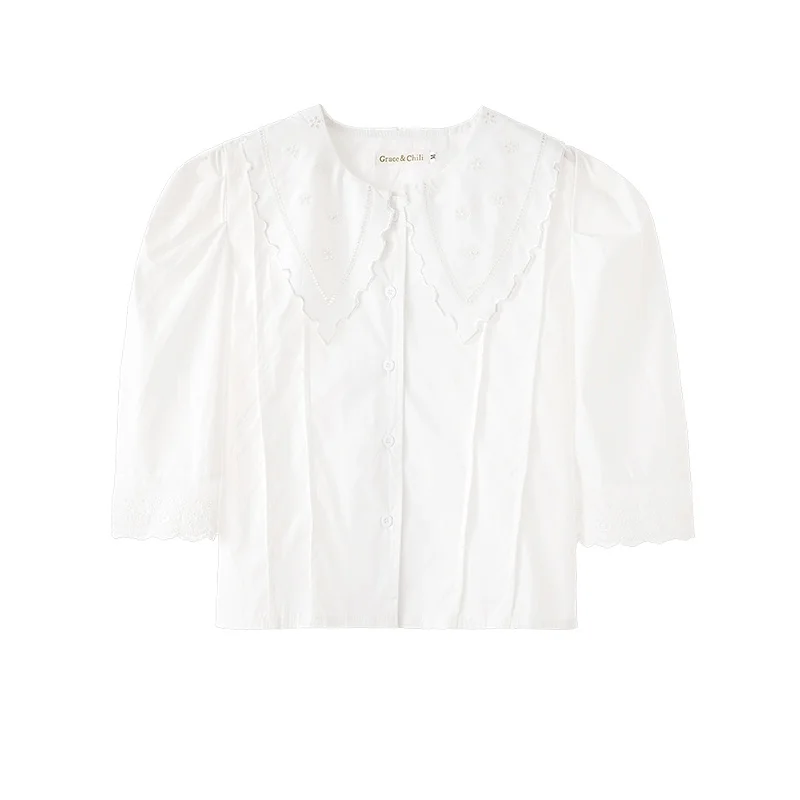 

2021 Korean chic summer niche retro doll collar hook flower hit color loose single-breasted puff sleeve shirt shirt female