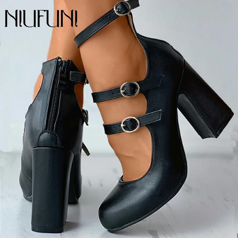 

NIUFUNI Spring Autumn Mary Jane Thick High Heels Buckle Black Women's Sandals Round Toe Hollow Leather Sandals Women Shoes Pumps