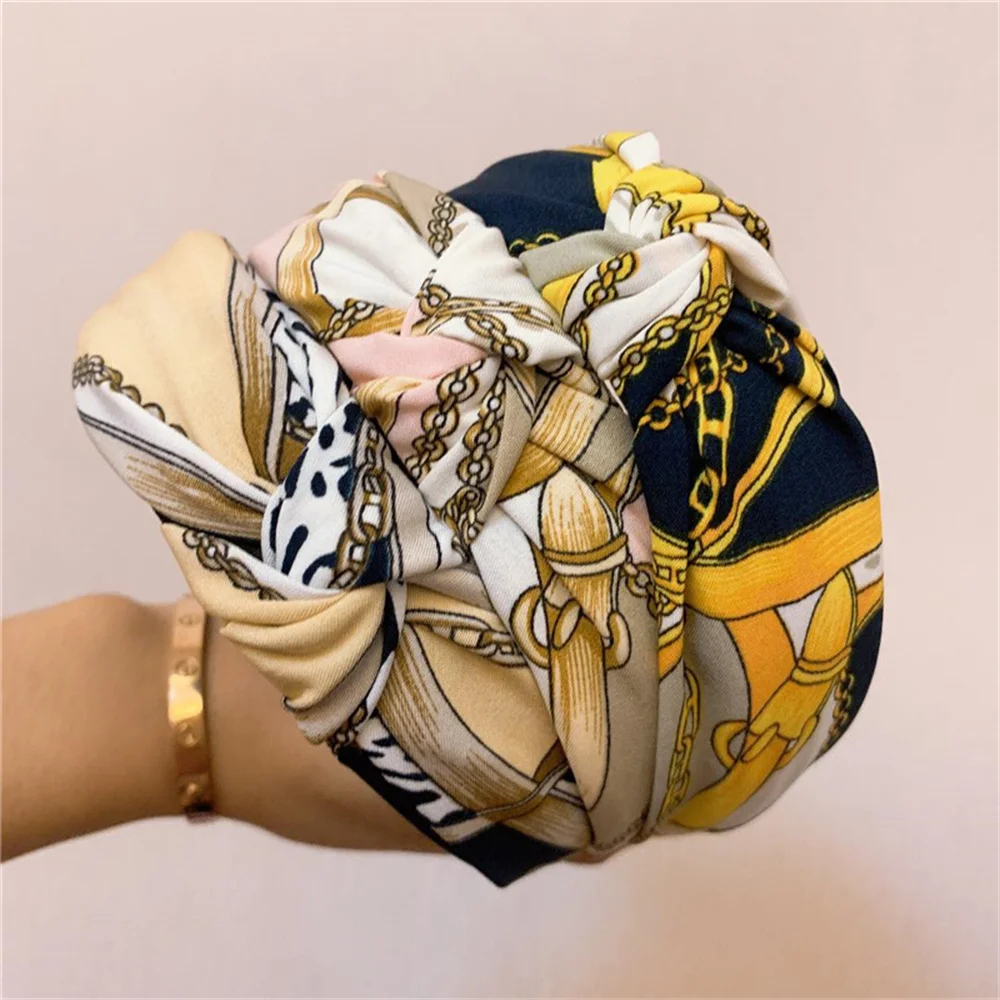 

Fashion Wide Women Girls Hair Bands Hot Sale Hair Hoop Print Chain Headbands Vintage Cross Knotted HairBands Hair Accessories
