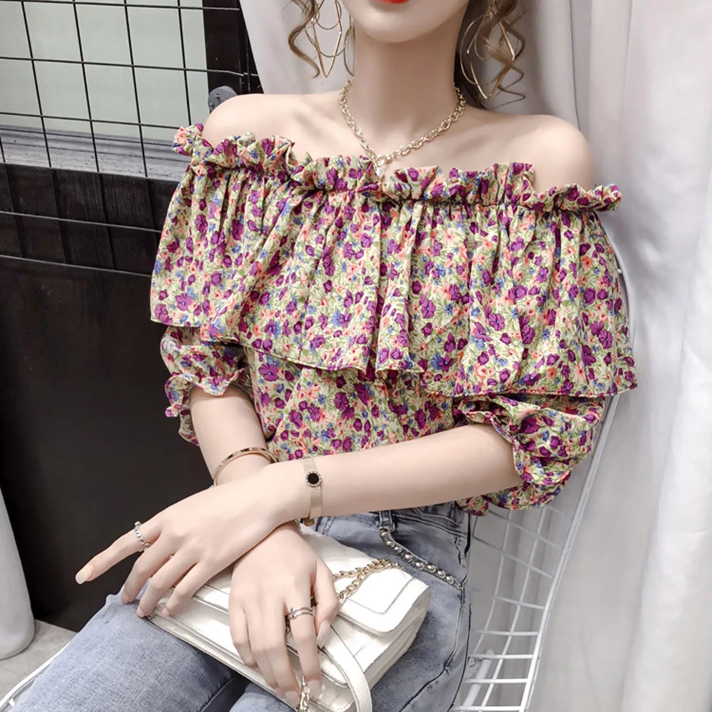 

Women Ruffled Neckline Off-the-shoulder Chiffon Floral Blouse Young Lady Summer Fashion Korea Female Student Boho Travel Sexy