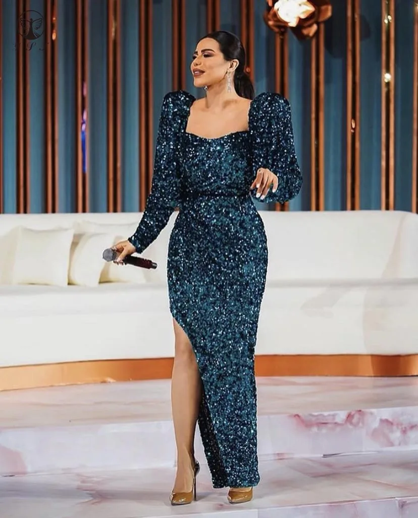 

Sexy Vestidos De Fiesta Square Bling Bling Sequin Lace Long Sleeve Sheath Floor Length Evening Dresses