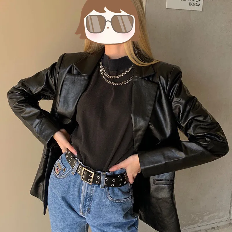 PU женская кожаная куртка осеннее пальто 2021 уличная Черная Женская эстетический в