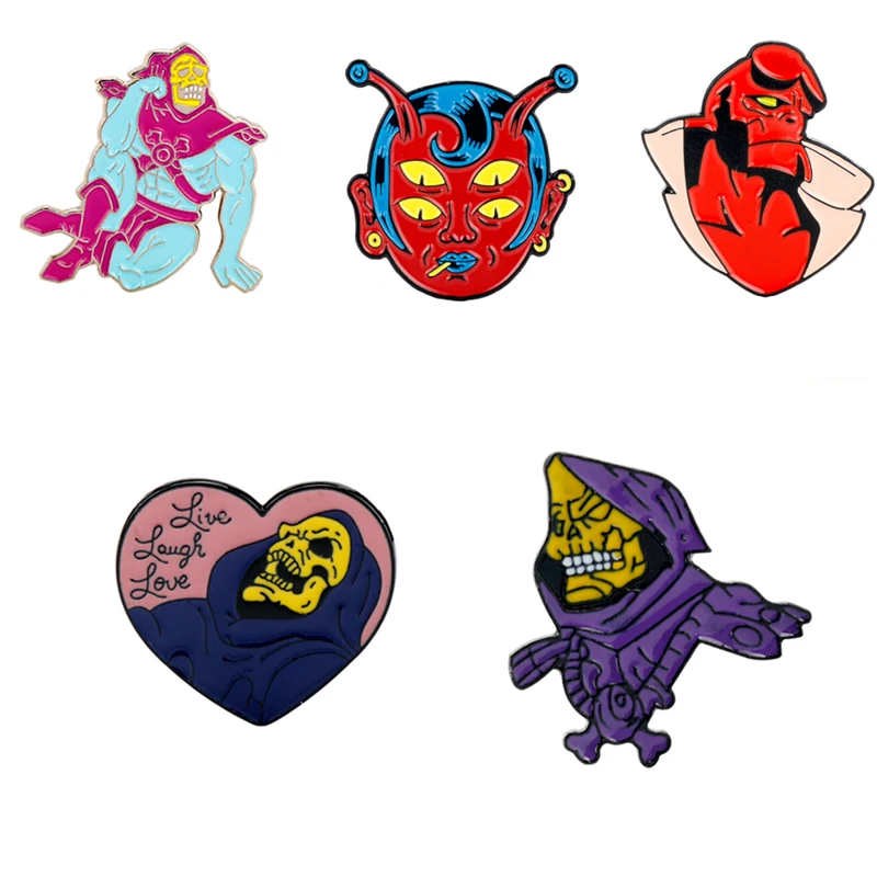 dongsheng jewelry He-Man Skeletor Live Laugh Love Enamel Pin Goth Heart Skeleton Skull Brooches Badge Lapel Pins Halloween Gifts | Украшения