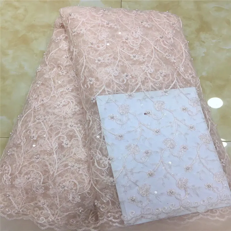 Лидер продаж текстильная кружевная ткань с бусинами розовая африканская