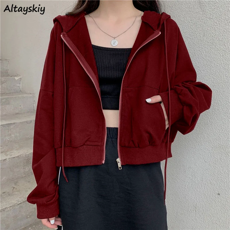 

Solid Jackets Women Zippers Hooded Crop Tops Hip-hop Streetwear Chic All-match Simple Harajuku Leisure Girls Autumn New Popular