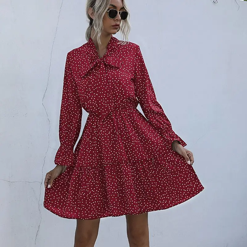 

Ladies Summer Polka Dot Print Dress Women 2021 New Casual Lace Up V Neck Full Sleeve Slim Short Dress