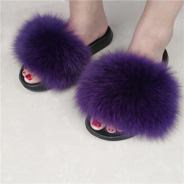Women Fox Fur Slippers Real Fox Fur Slides Lovely Plush Slippers Woman Summer Home Sandals Women Fur Slides Furry Flip Flops Hot