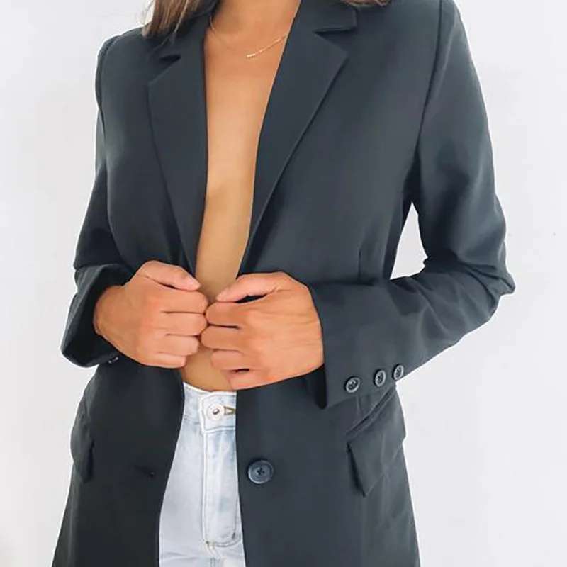 

2021 Autumn Women's French European Style Loophole Design Lapel Long Sleeve Suit Loose Casual Button Women's Coat Pyl
