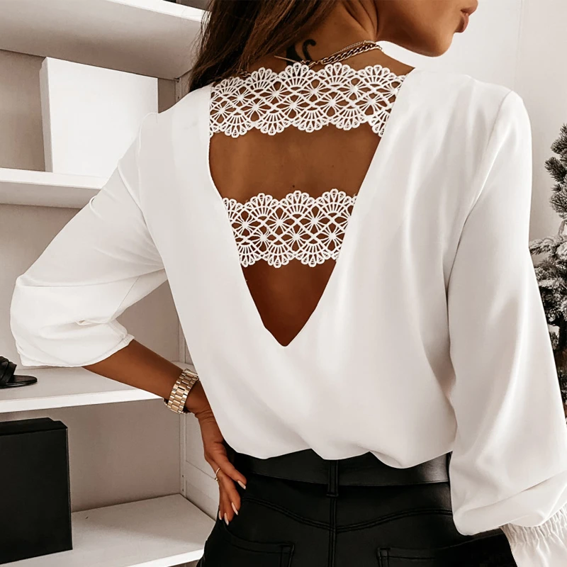 Женская Кружевная туника с длинным рукавом V образным вырезом|Рубашки| |