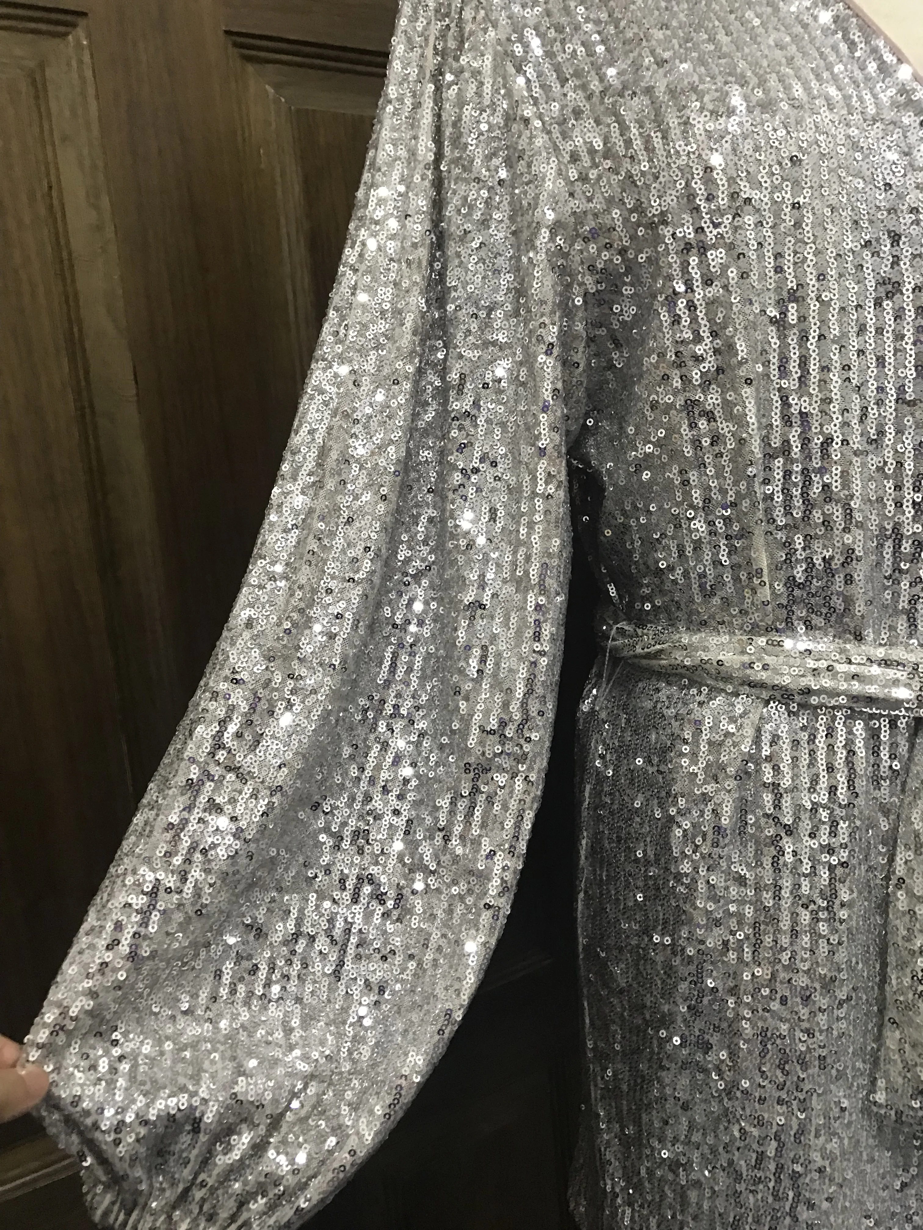 

2019 New Silver Sequins Wrap Dress Lacing up Waist Split Slim Fit Women Long sleeve Tea Dresses Bow Tide Vestido Party