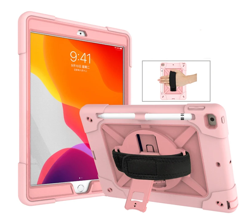 

360 Degree Rotation Durable Cover for iPad 10.2 2020 Kids Safe Silicone Case with Hand Strap for iPad 10.2 2019 Cover+Pen