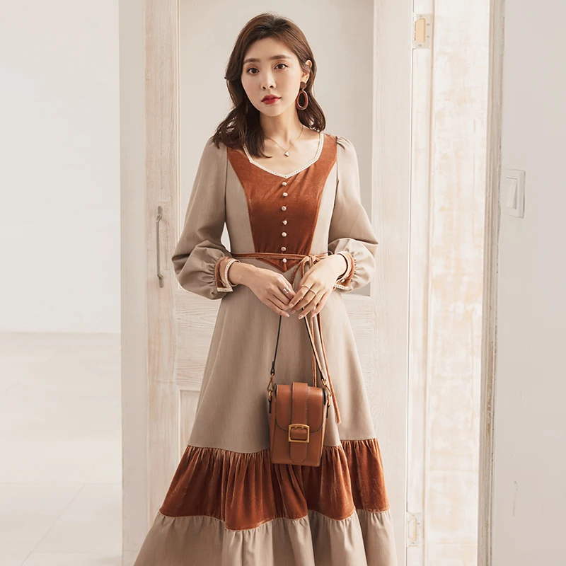 YIGELILA осень Новое поступление лоскутное платье квадратный воротник однобортный