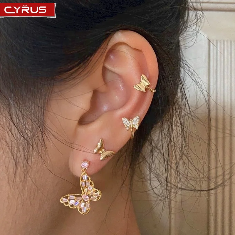 

Korean Pink Butterfly Earrings for Women 2021 Simple Crystal Metal Cute Stud Earring Set Fashion Wedding Jewelry Gift Gold Color