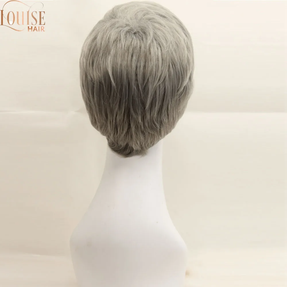 

Louise hair ynthetic Short Straight Wavy Hair Puffy Natural Silver Grey Wigs With Bangs For Women