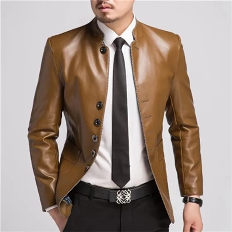 

Jacket Spring Faux Leather Men Black Brown Solid Mens casaco Slim Fit middle aged business jaqueta couro masculina HH024