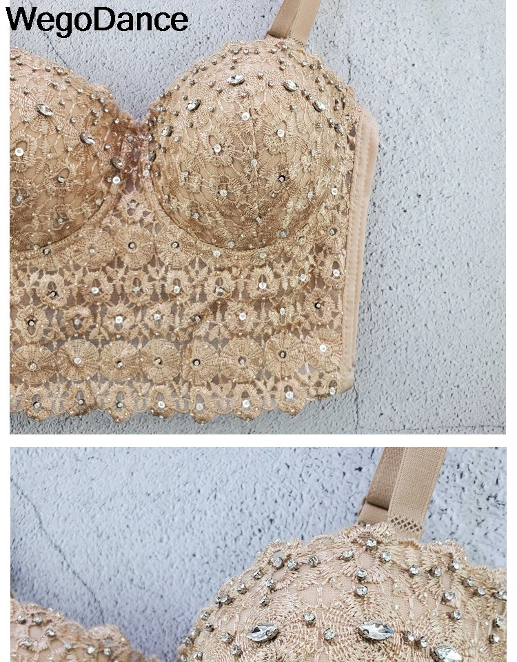 Mesh Lace Bead Bustier Pearls Diamond Push Up Night Club Bralette Women Bra Cropped Top Vest Corset Plus Size