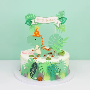 С Днем Рождения динозавр топперы для тортов, украшение Дино зеленый листик для торта топперы для дня рождения выпечки торта украшения флагов