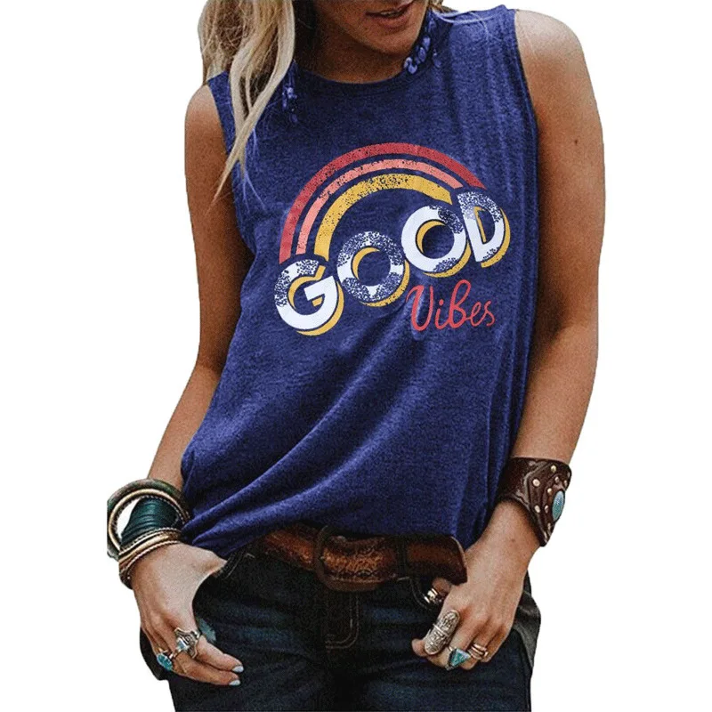 

2021 European and American cross border vest European and American foreign trade rainbow print round neck sleeveless T-shirt