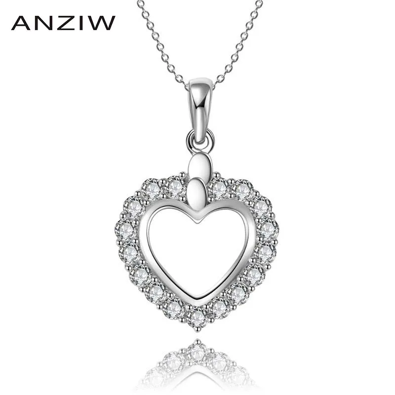 

ANZIW Luxury 925 Sterling Silver Pendant Necklace for Women Love Hallow Heart Long Chain Necklace Wedding Girls Angel Jewelry