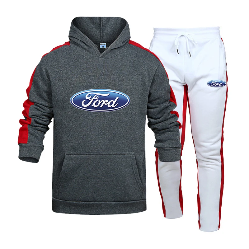 

B11 Men's Spring and Autumn Ford Car Logo Patchwork Hoodie Pullover Sweater + Pants Suit Casual Trend Set Men