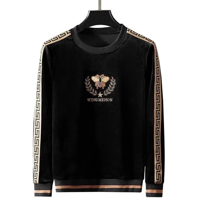 

Embroidered round neck pullover thick double-sided fleece sweater men's winter fashion webbing bottoming shirt