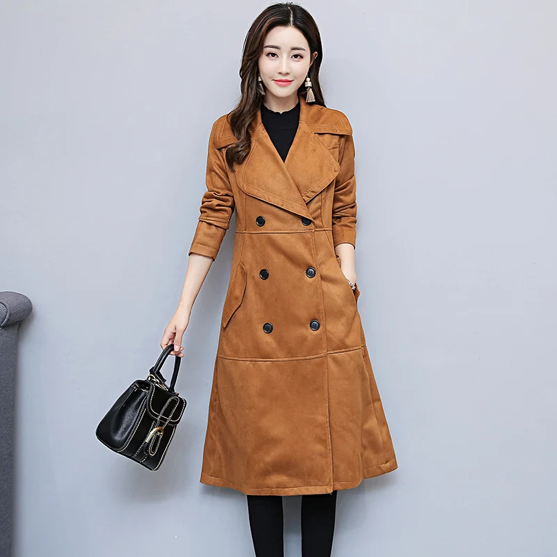 Женская Длинная ветровка корейское пальто из искусственной оленьей кожи